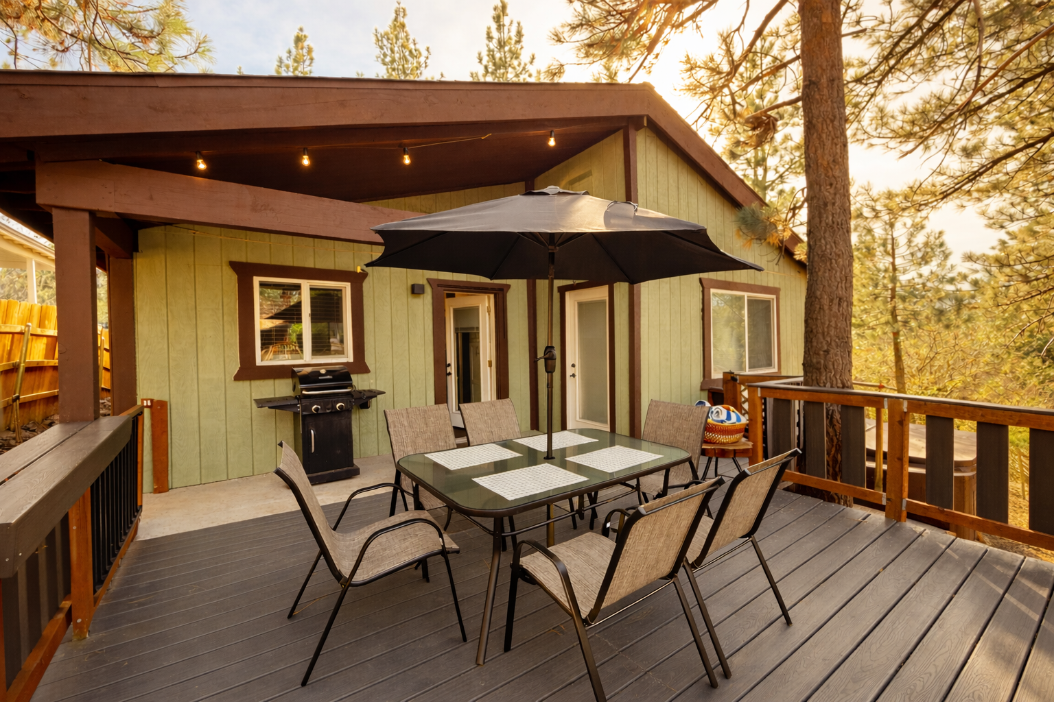 Covered outdoor dining area on the back deck at The Big Bear Cubhouse