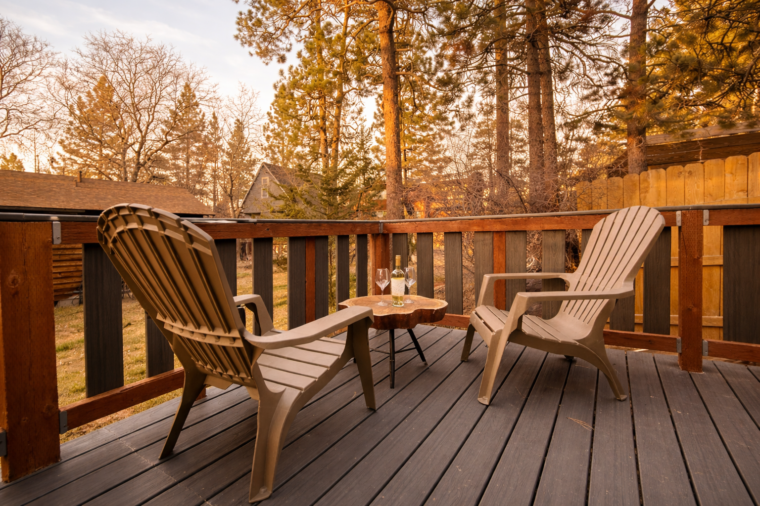 Adirondack chairs on the Cubhouse deck at golden hour