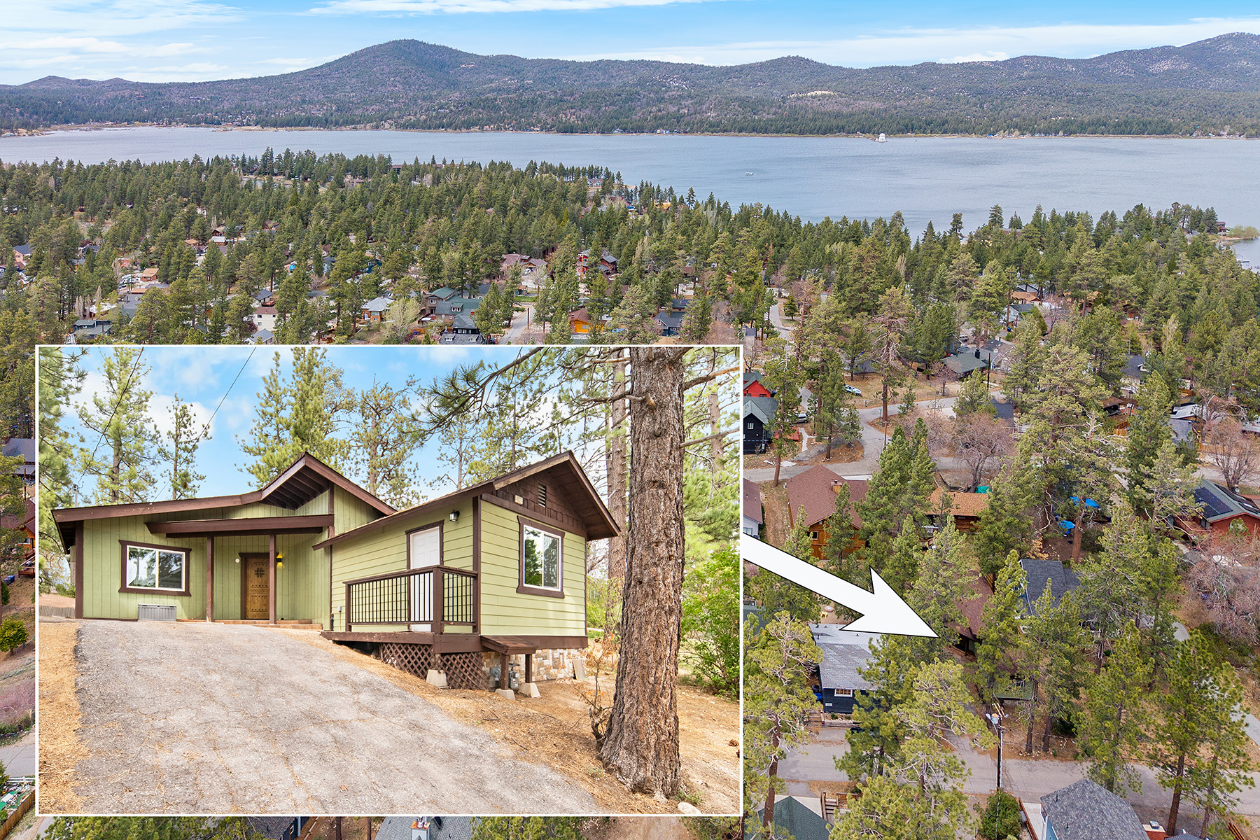 Aerial photo pointing to The Big Bear Cubhouse near Big Bear Lake