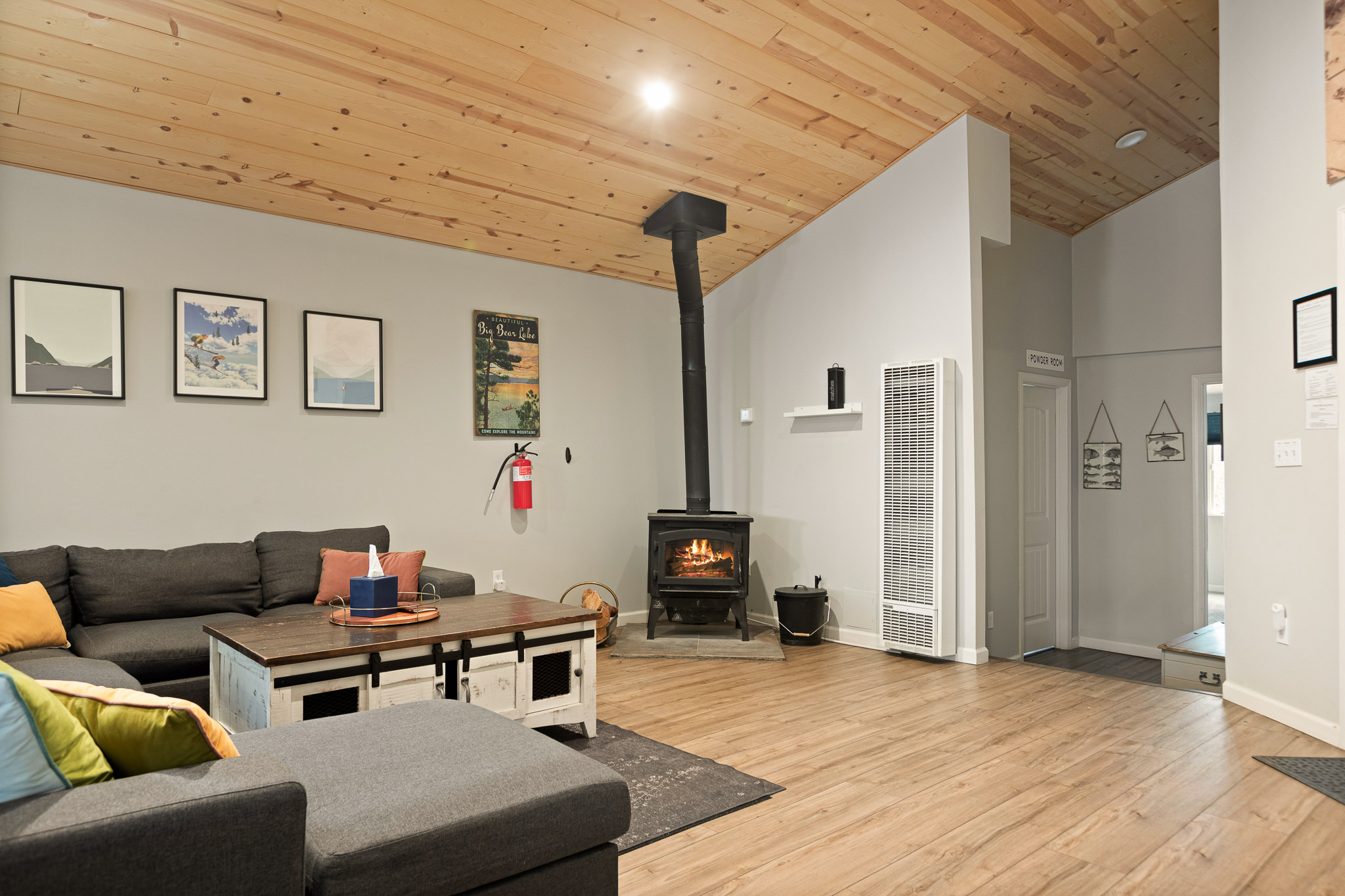 Vaulted wood ceiling living room at Big Bear Cubhouse cabin rental