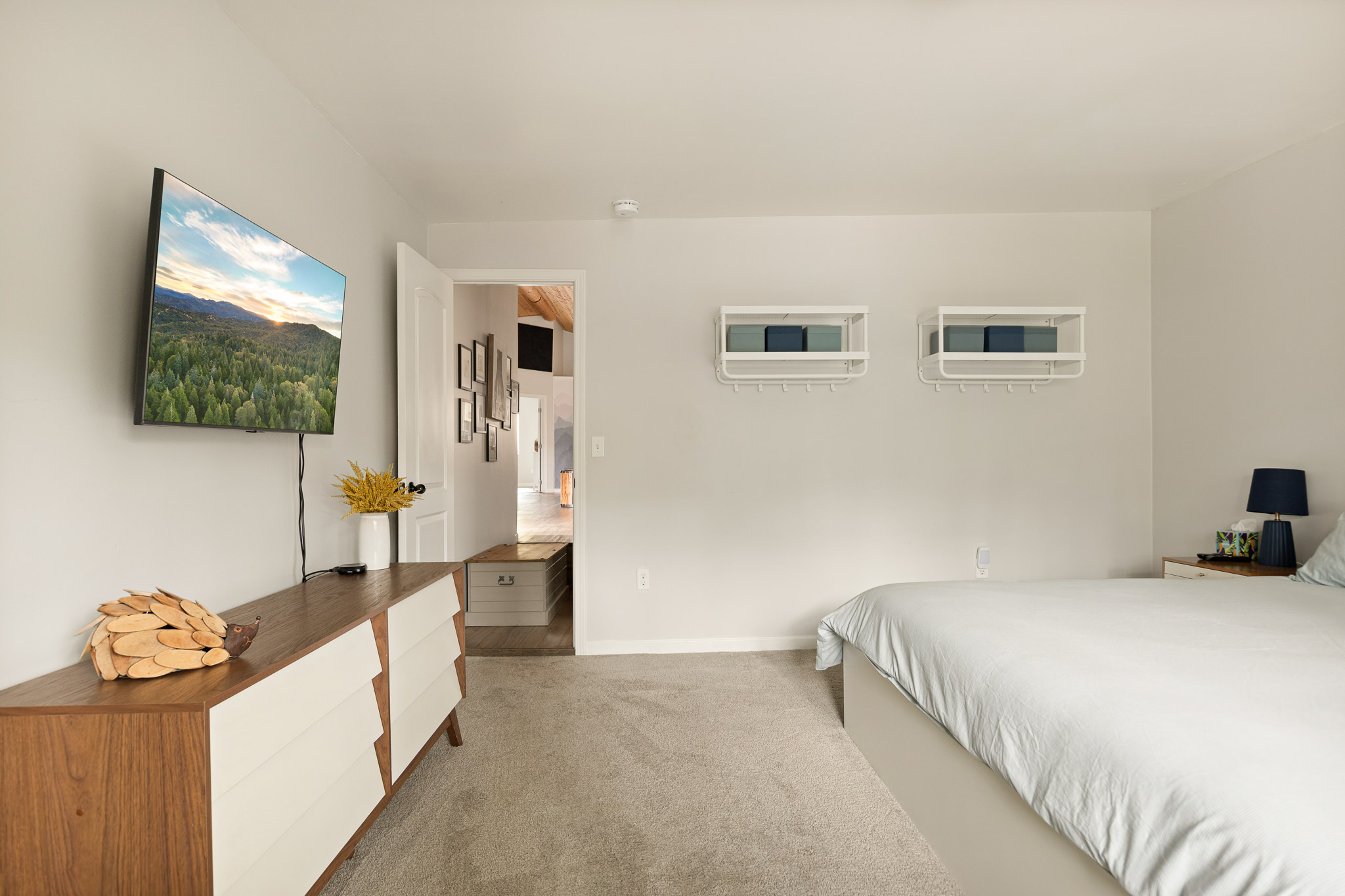 Second angle of the neutral king bedroom at The Big Bear Cubhouse